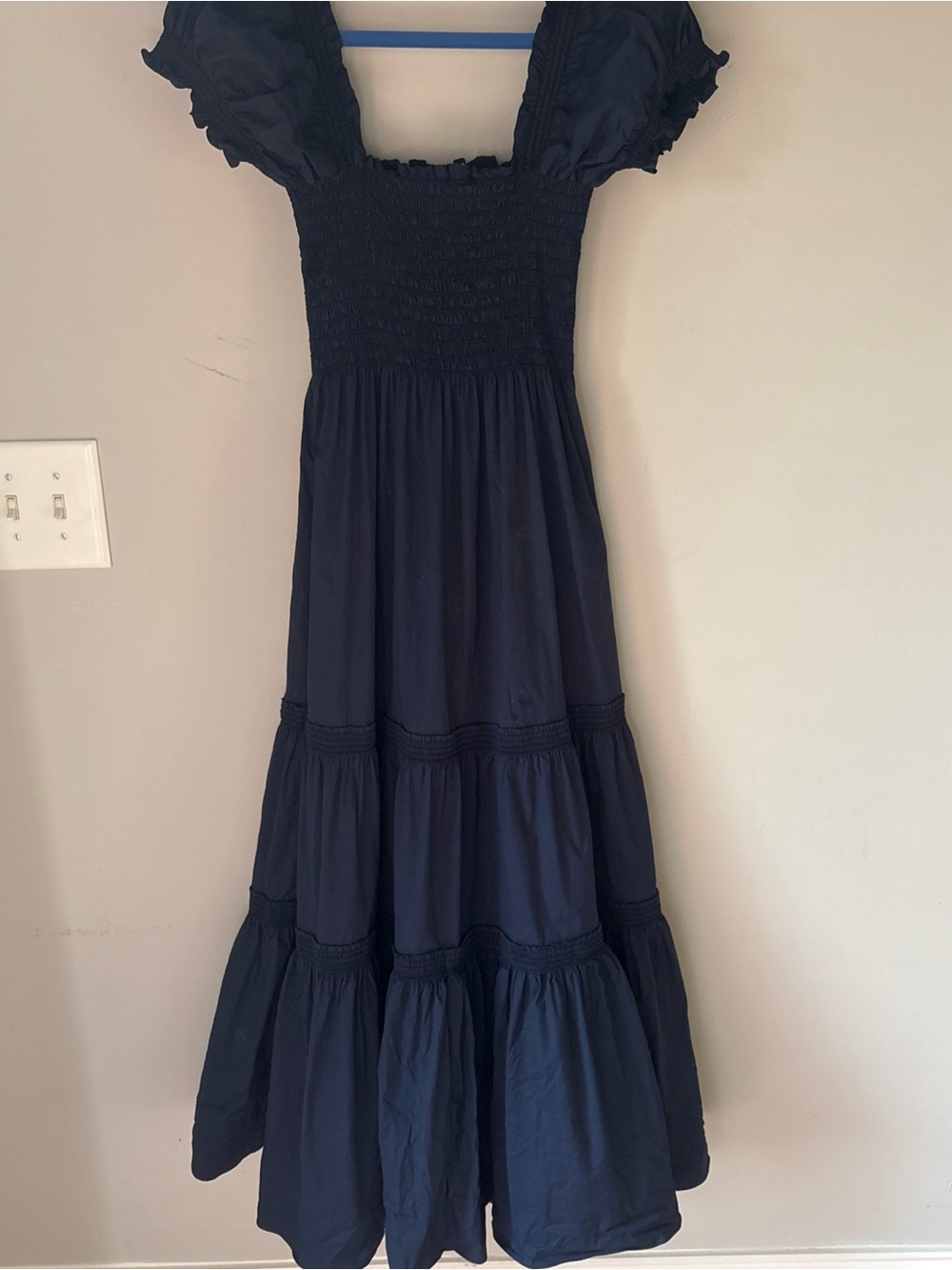 Tory Burch Smocked Puff-Sleeve Maxi Dress in Navy - Picture 2 of 11